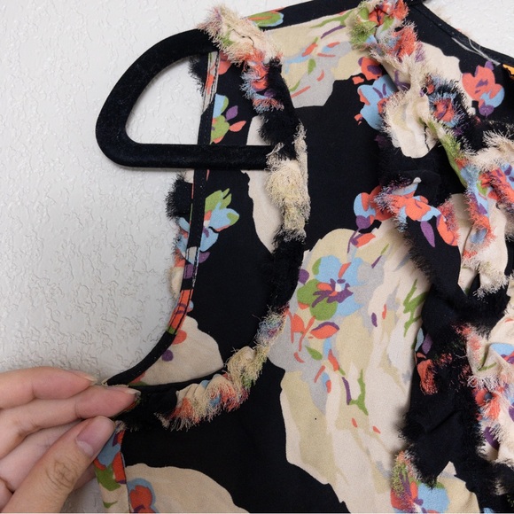 Tory Burch Silk Floral Ruffle Blouse S Black Frayed Edge Button Up Sleeveless - Picture 4 of 12